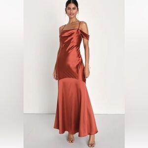Lulu’s Regal Essence Rust Satin Cowl Neck Cold-Shoulder Maxi Dress